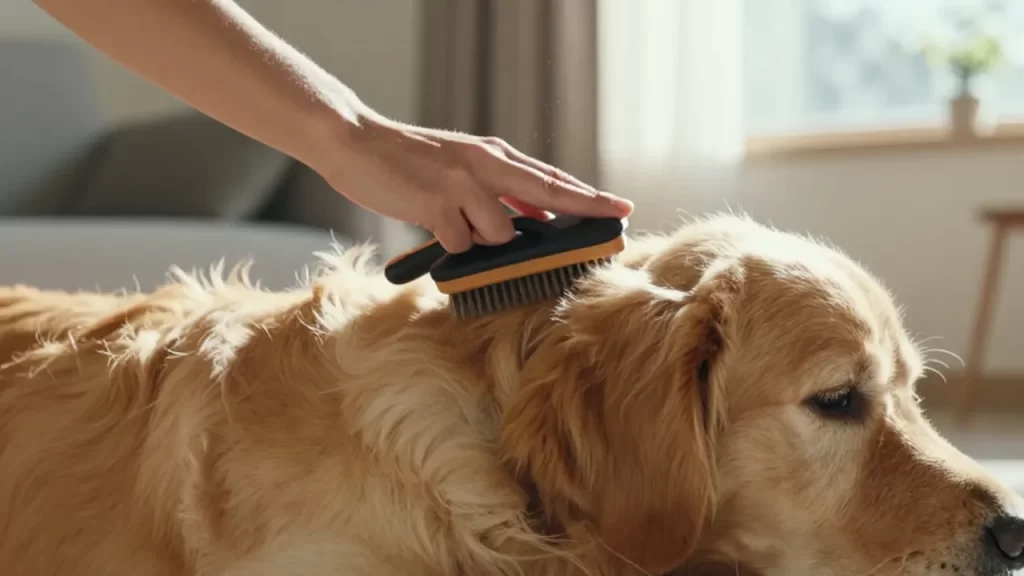 Una mano cepilla suavemente el pelo dorado de un Golden Retriever bajo la luz del sol.