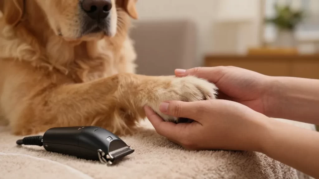 Manos humanas sujetando con ternura la pata de un perro golden retriever junto a unas tijeras de peluquería.
