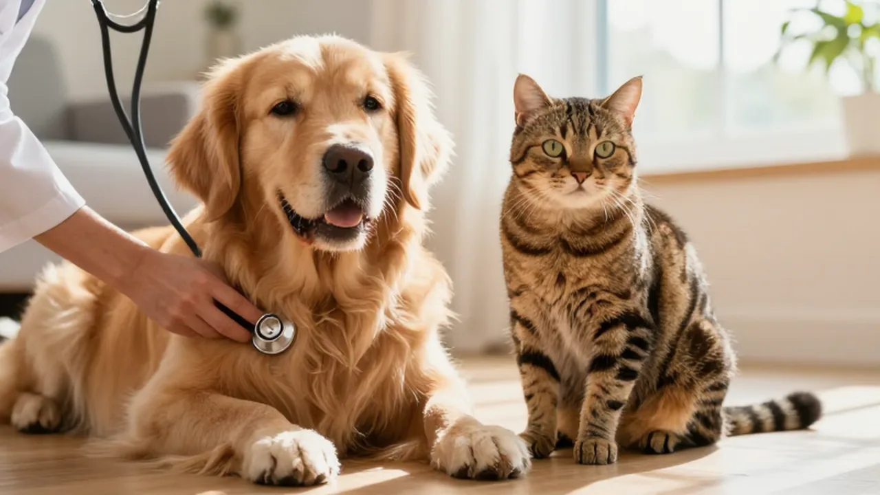Un perro golden retriever y un gato atigrado sentados junto a un veterinario en una sala luminosa.