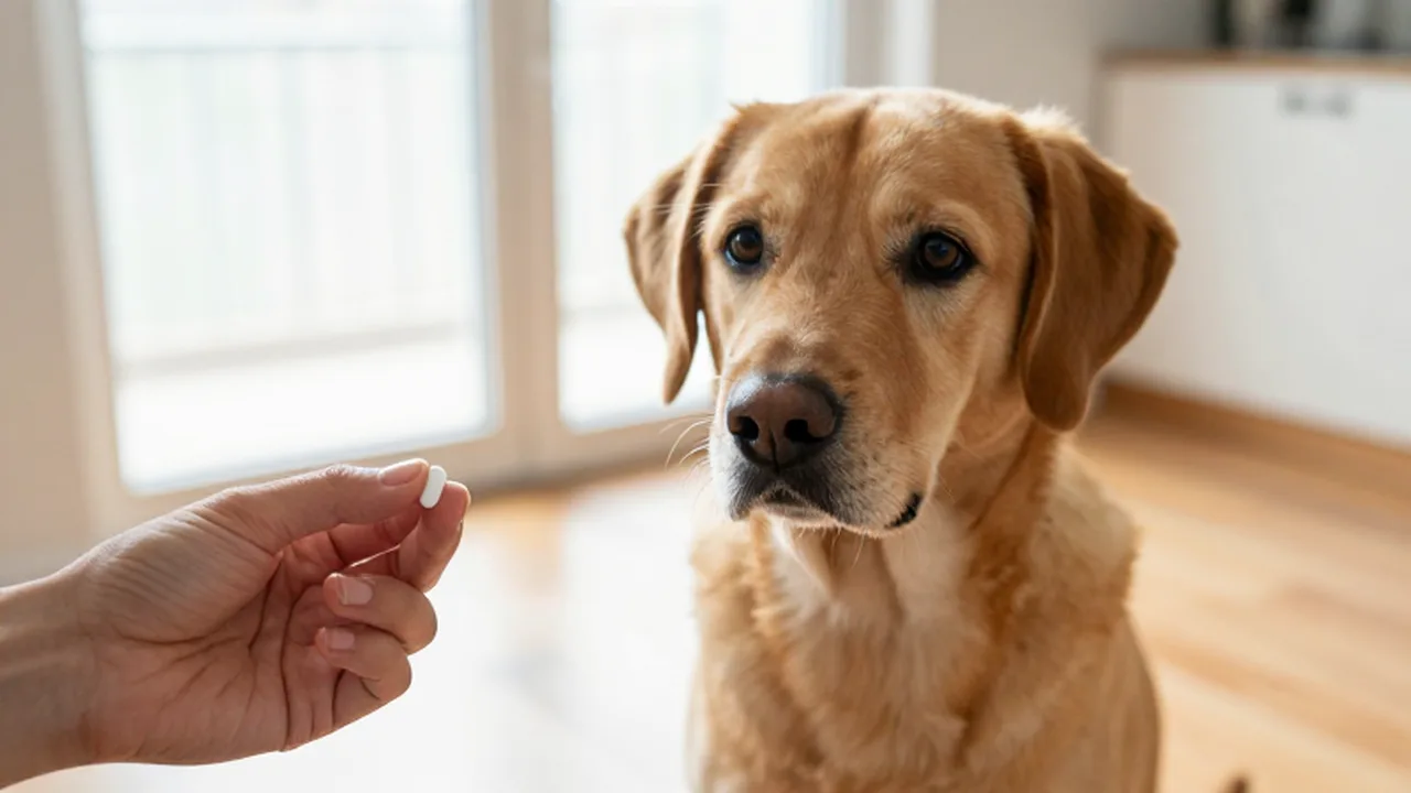 Perro sano sentado en el suelo mientras un veterinario le ofrece una tableta desparasitante.