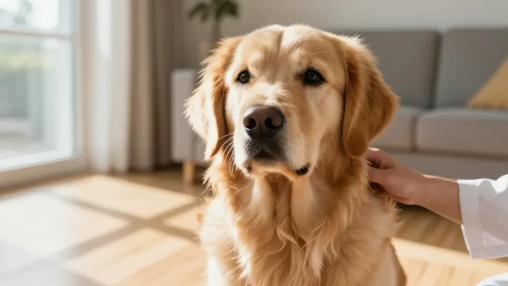 Un veterinario acaricia suavemente a un perro golden retriever en una luminosa sala de estar.