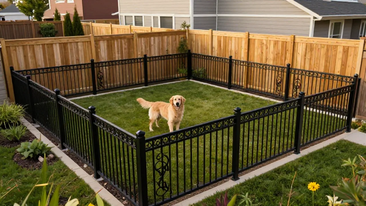 Golden Retriever tranquilo en un jardín seguro delimitado por una valla de madera y metal.