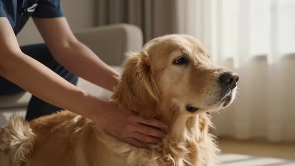 Manos de un profesional acariciando con calma a un perro golden retriever en una sala iluminada.