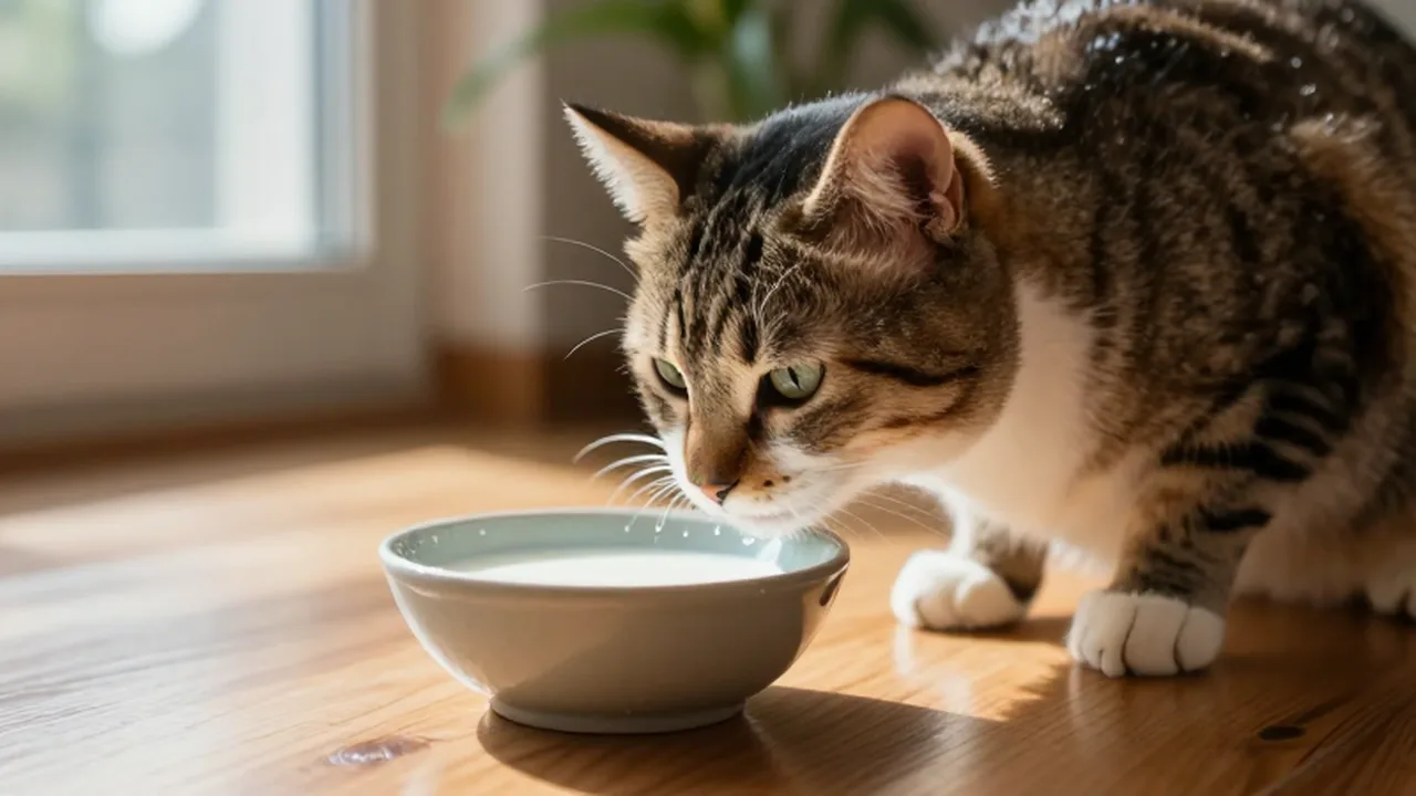 Gato atigrado curioso olfateando un cuenco de leche en un suelo de madera bajo la luz del sol.