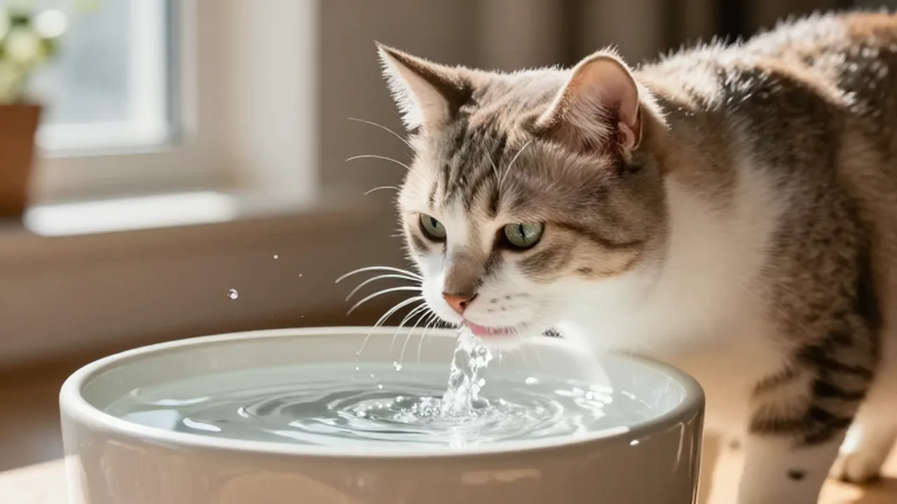 Gato doméstico bebiendo agua fresca de una fuente de cerámica en un salón iluminado.