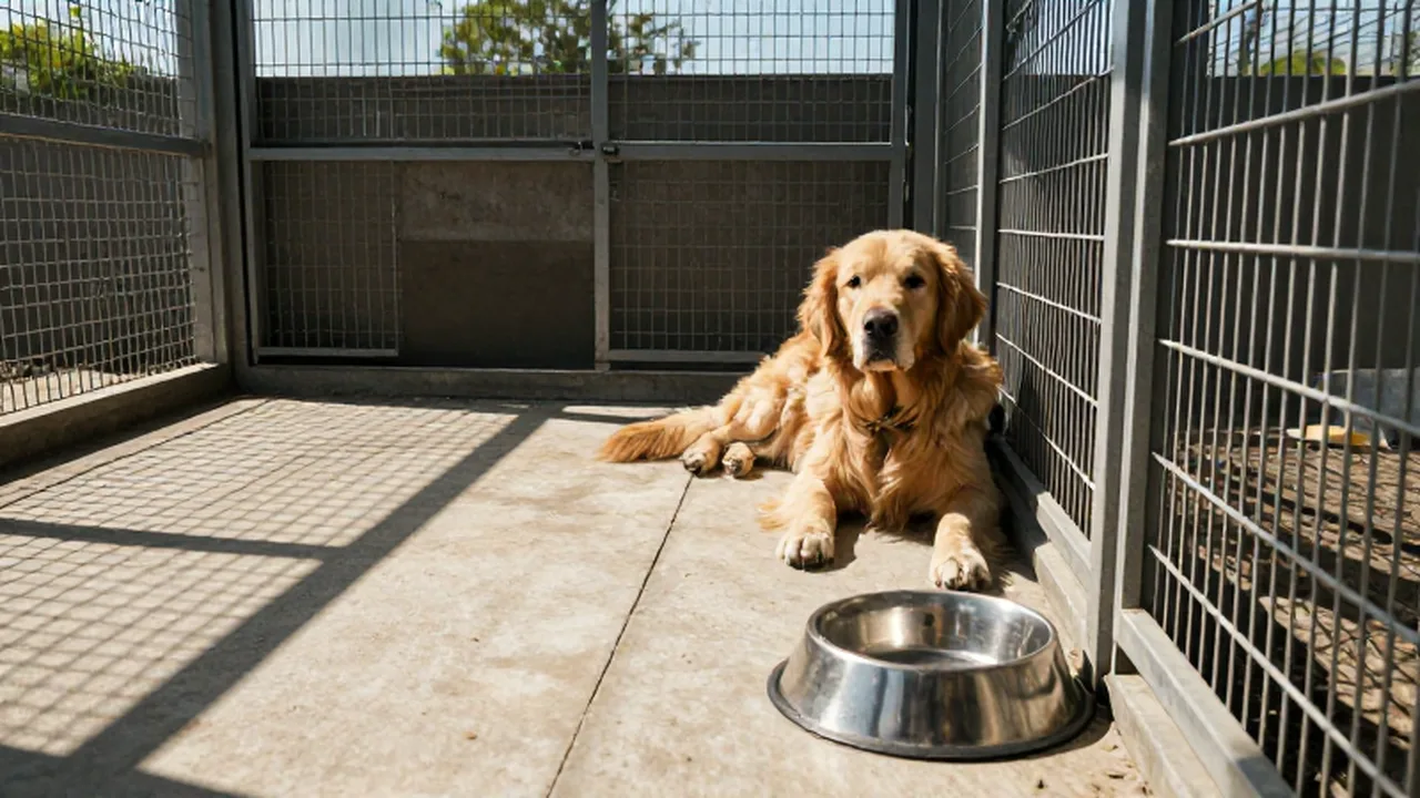 Un Golden Retriever descansa tranquilamente en la sombra de un refugio de animales soleado.