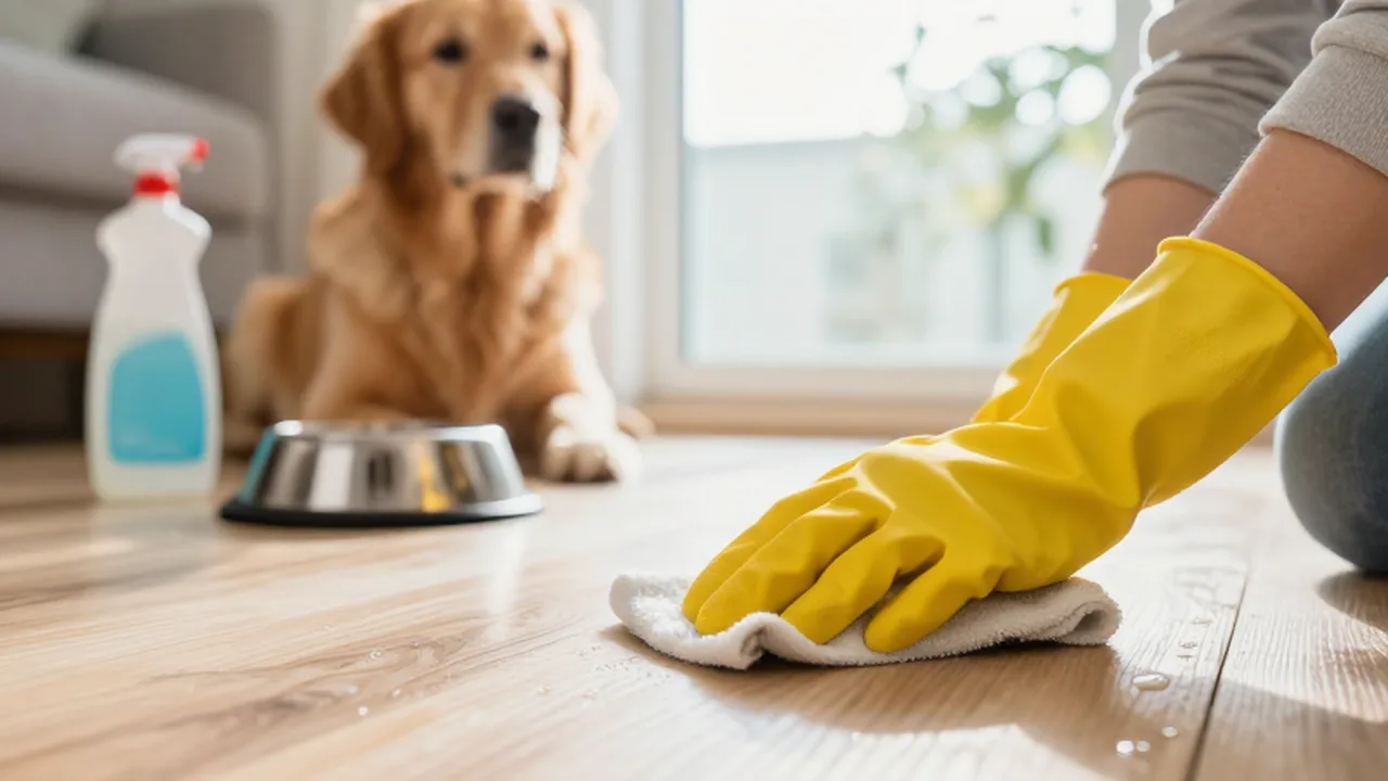 Manos con guantes amarillos limpian un suelo de madera mientras un golden retriever observa.