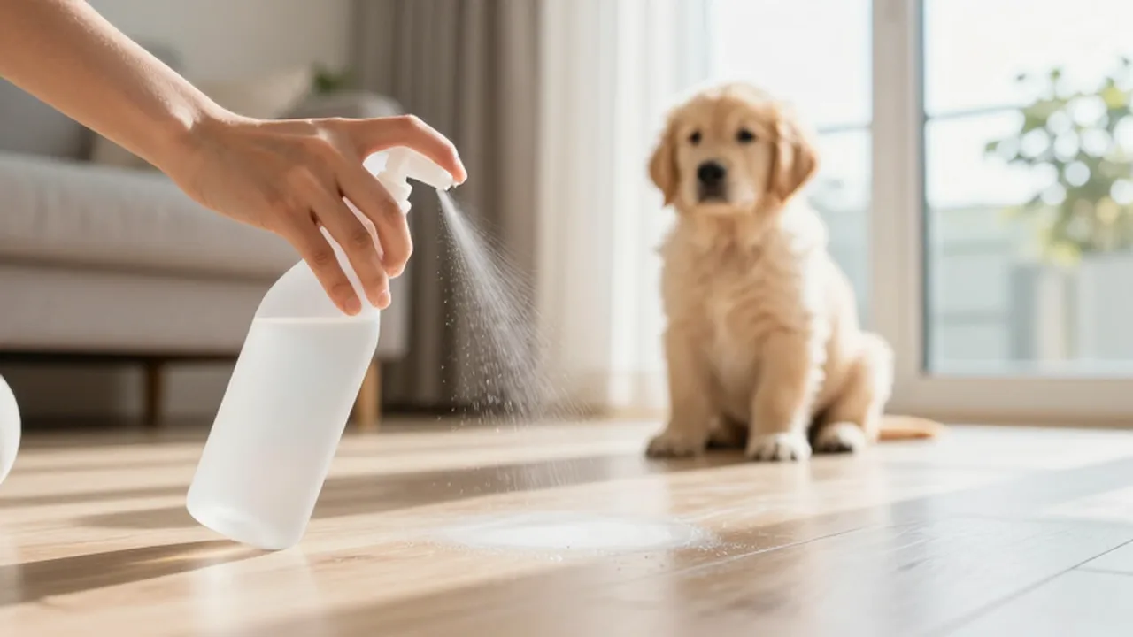 Manos aplicando un spray limpiador sobre un suelo de madera con un cachorro de golden retriever al fondo.