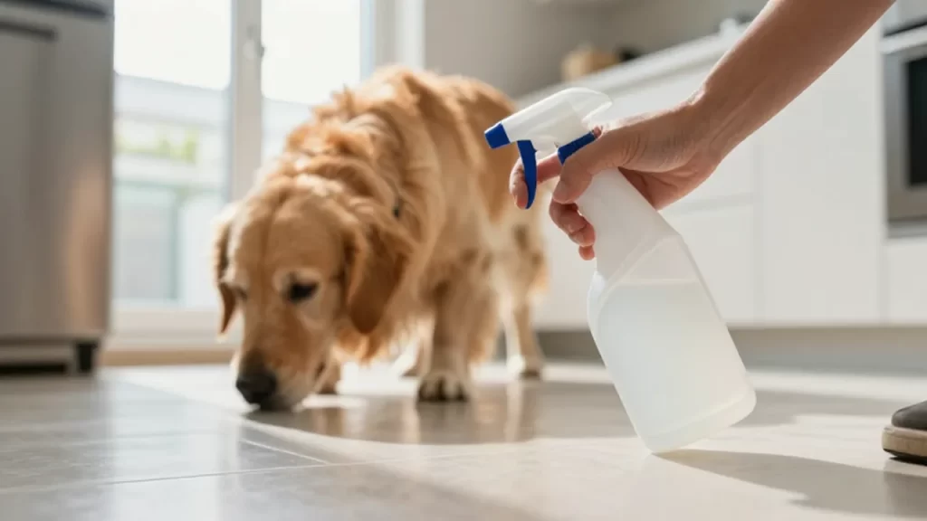 Una mano sostiene un pulverizador de limpieza cerca de un suelo brillante mientras un perro dorado olfatea al fondo.