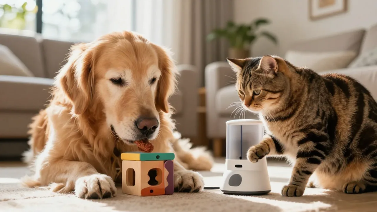 Un golden retriever resuelve un rompecabezas de madera mientras un gato juega con un dispensador de premios.