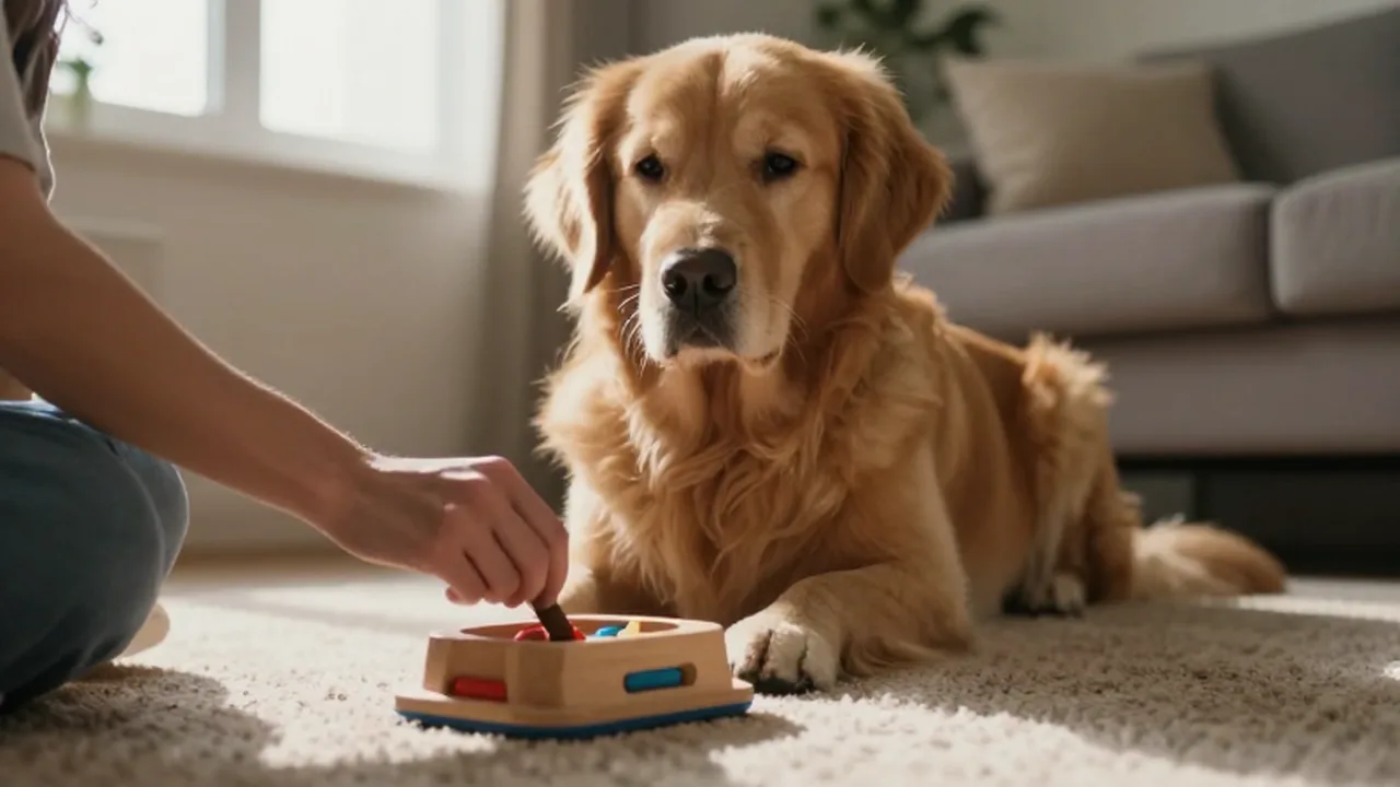 Golden Retriever sentado en una alfombra mientras una persona usa un juguete de madera para estimularlo.