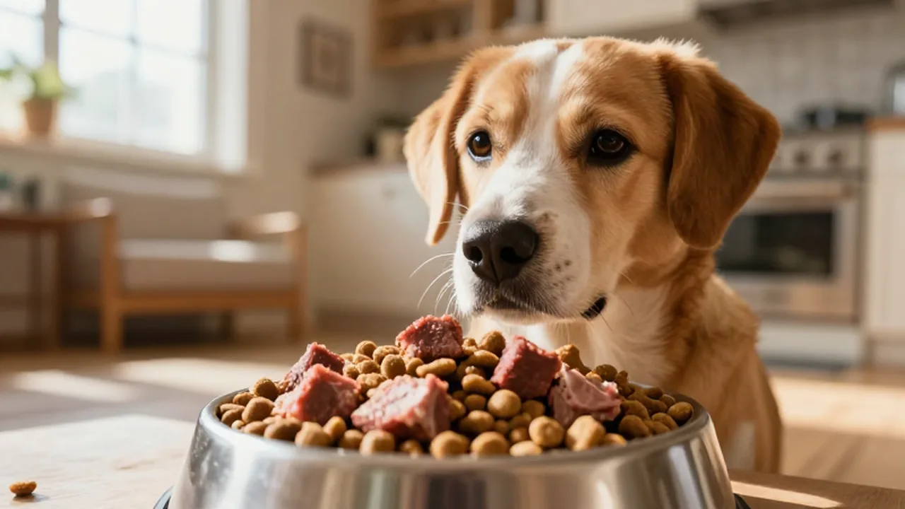 Perro sano observa con curiosidad un cuenco con trozos grandes de carne y croquetas.