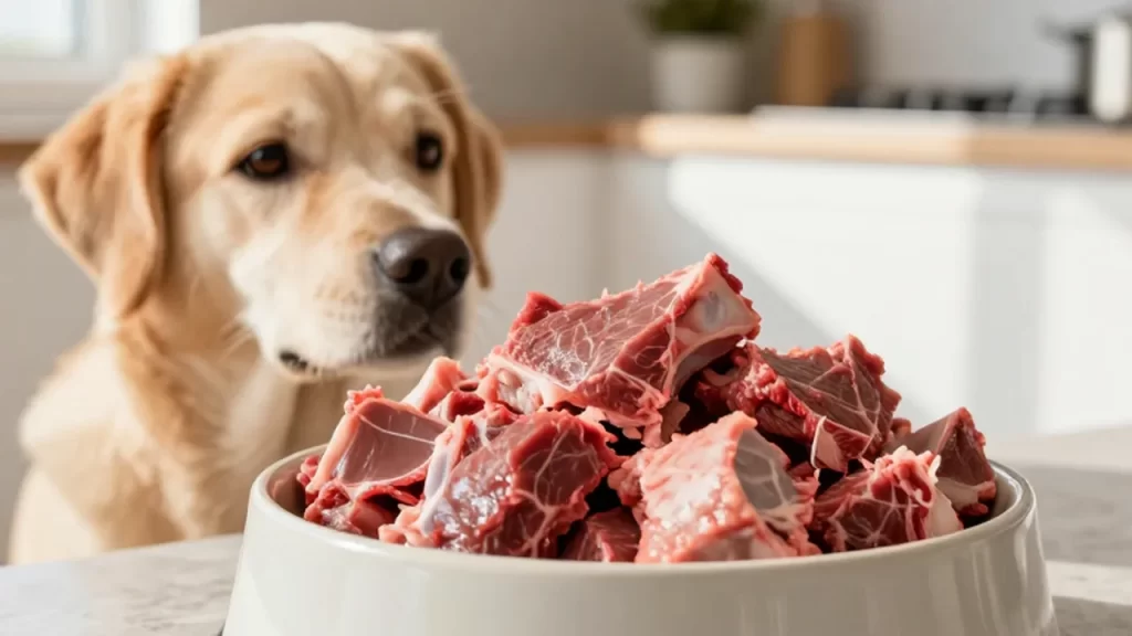 Perro domesticado observa con curiosidad un cuenco de cerámica lleno de trozos de carne cruda.