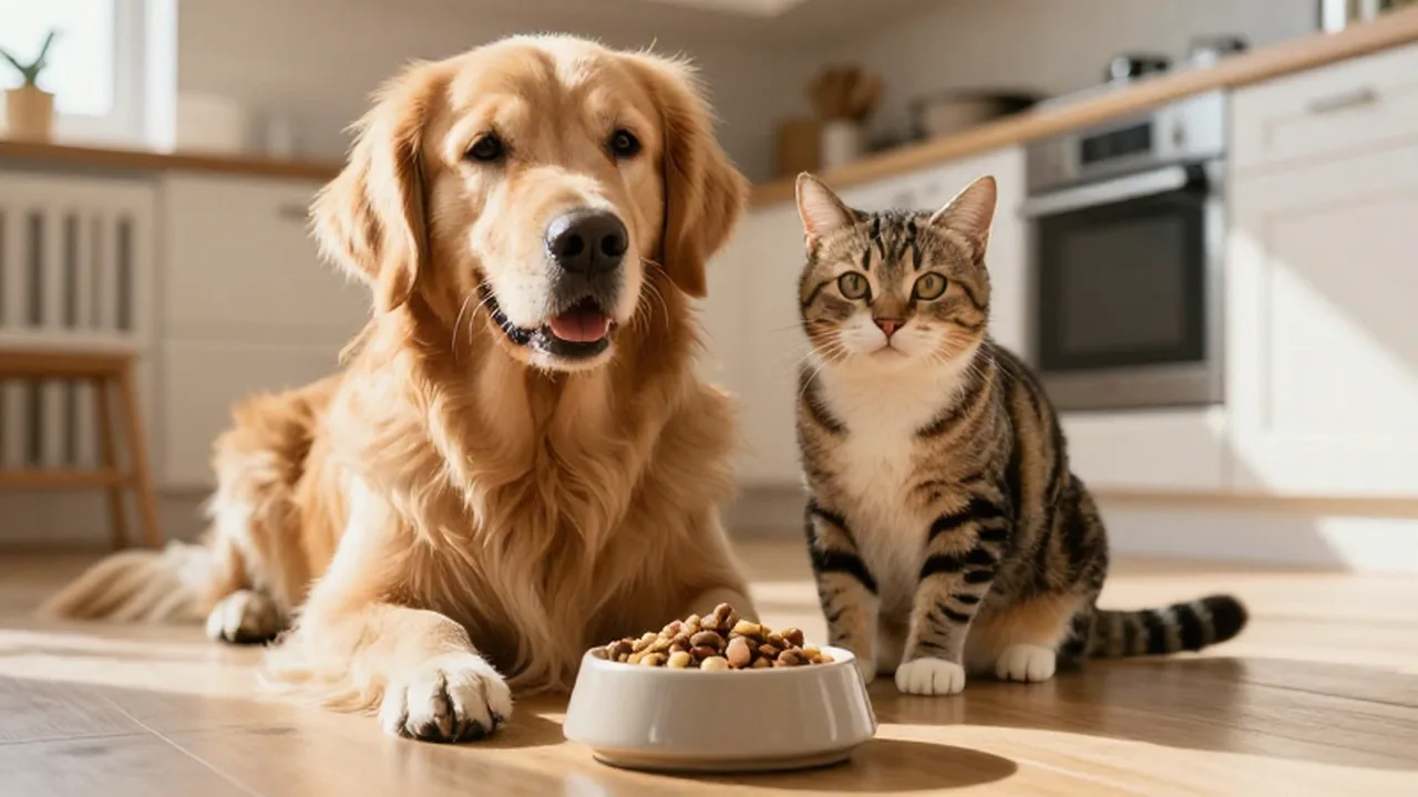 Perro golden retriever y gato tabby sentados junto a un cuenco de comida en una cocina soleada.