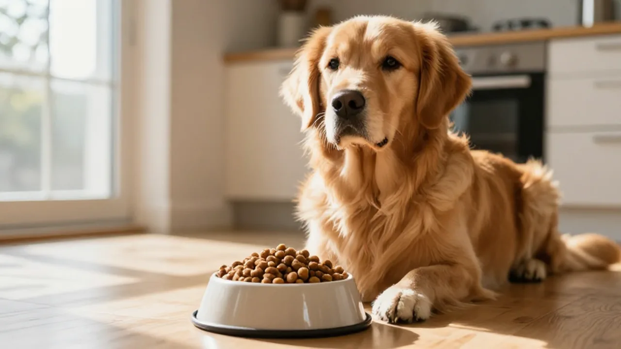 Golden retriever sentado frente a su cuenco de pienso nutritivo en una cocina iluminada por el sol.