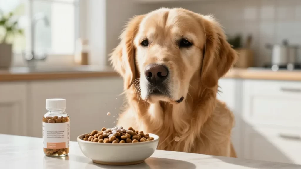 Golden retriever sentado frente a un cuenco de comida con suplementos en una cocina iluminada.