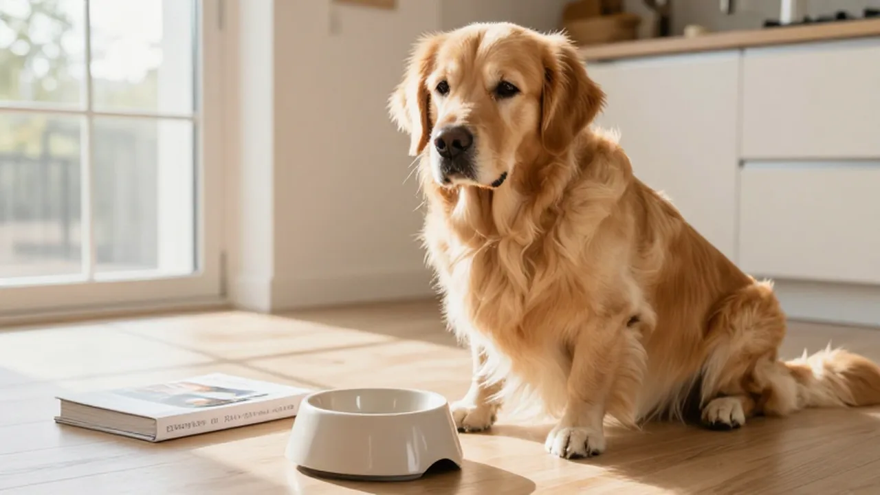 Golden Retriever sentado junto a su cuenco de comida en una cocina iluminada por el sol.