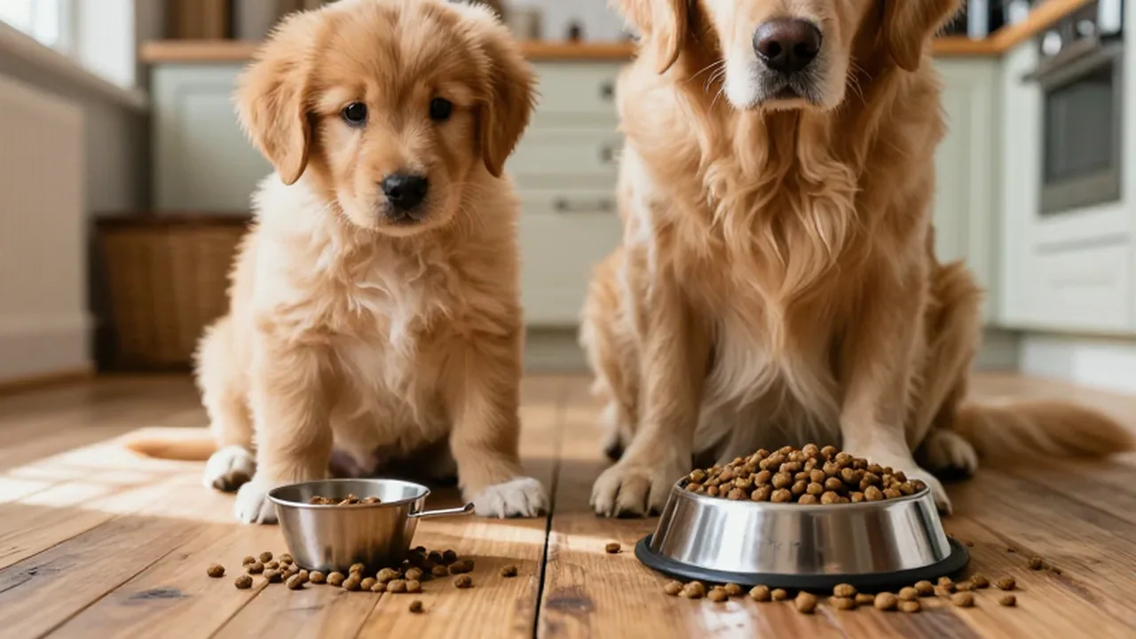 Perro golden retriever mayor y un cachorro sentados junto a sus raciones de comida.