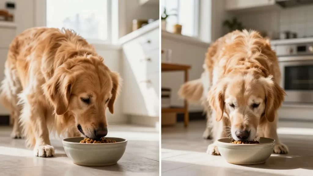 Comparativa de un Golden Retriever joven y uno anciano comiendo en una cocina luminosa.