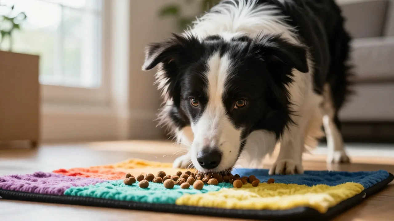 Border Collie concentrado buscando comida entre los pliegues de una alfombra de olfato colorida.
