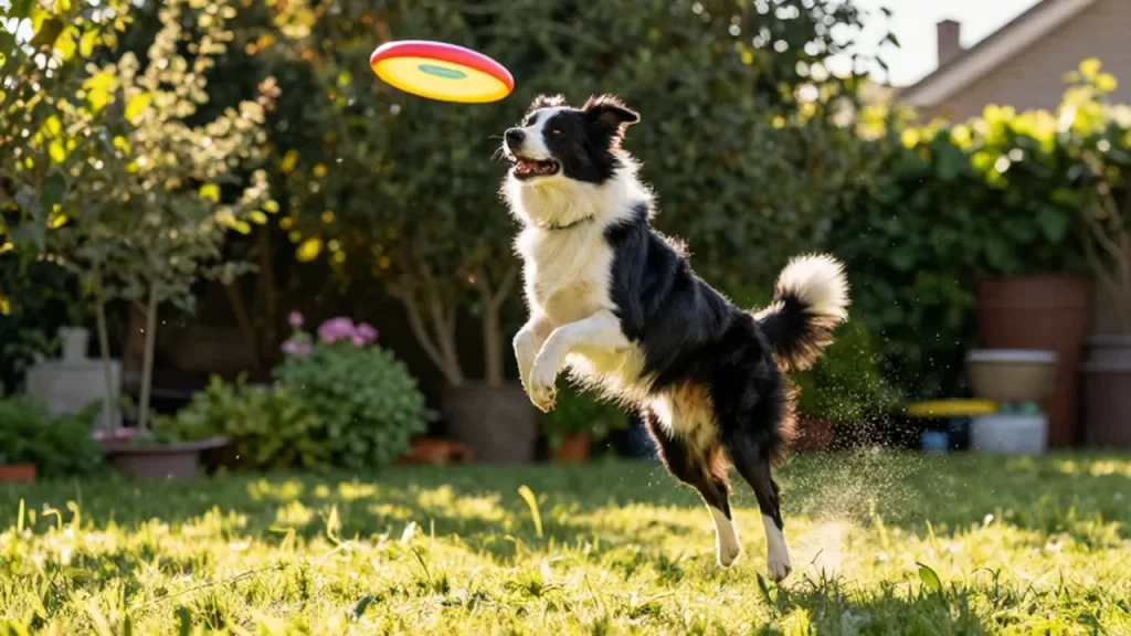 Border Collie saltando en el aire para atrapar un disco de colores en un jardín.