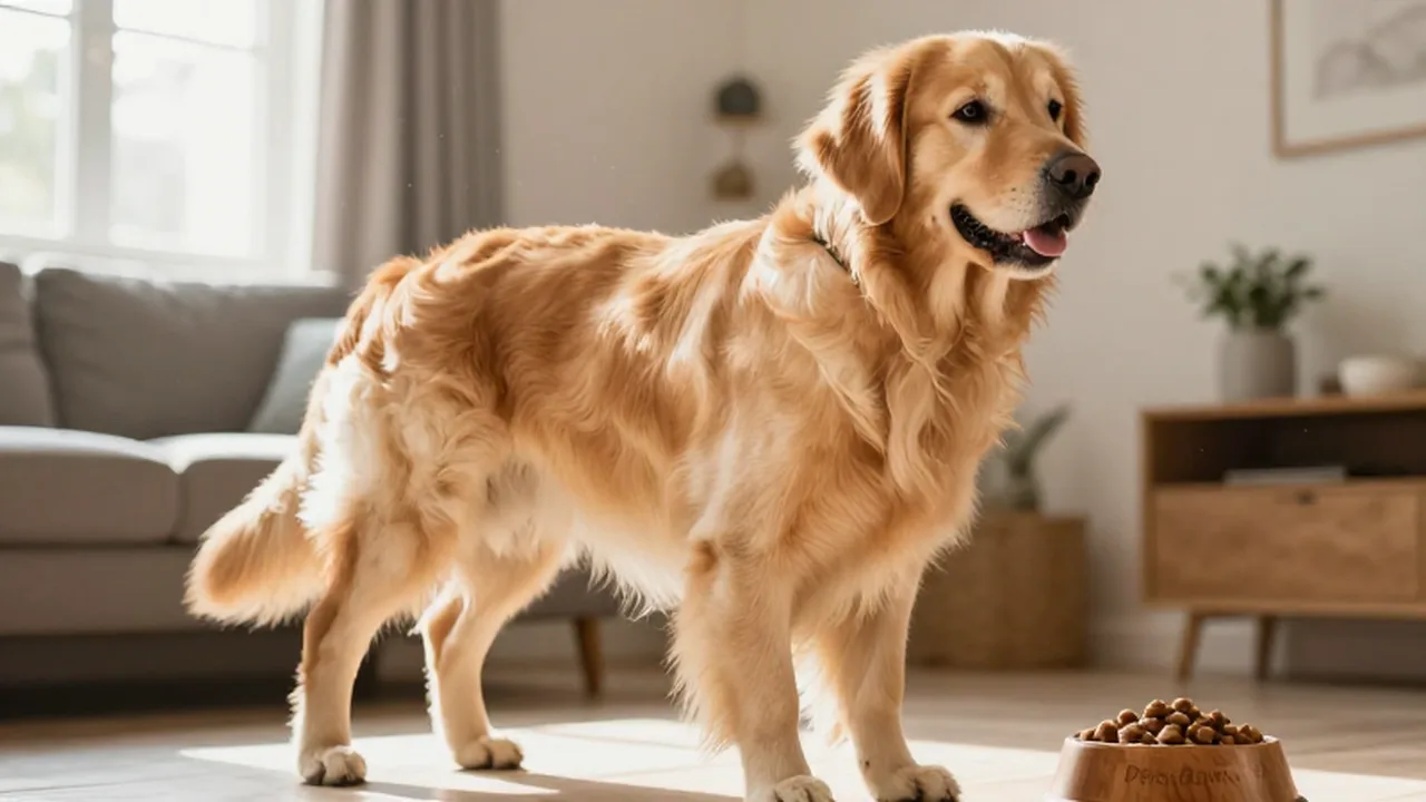 Golden Retriever de pelaje brillante y postura fuerte en una luminosa sala de estar.
