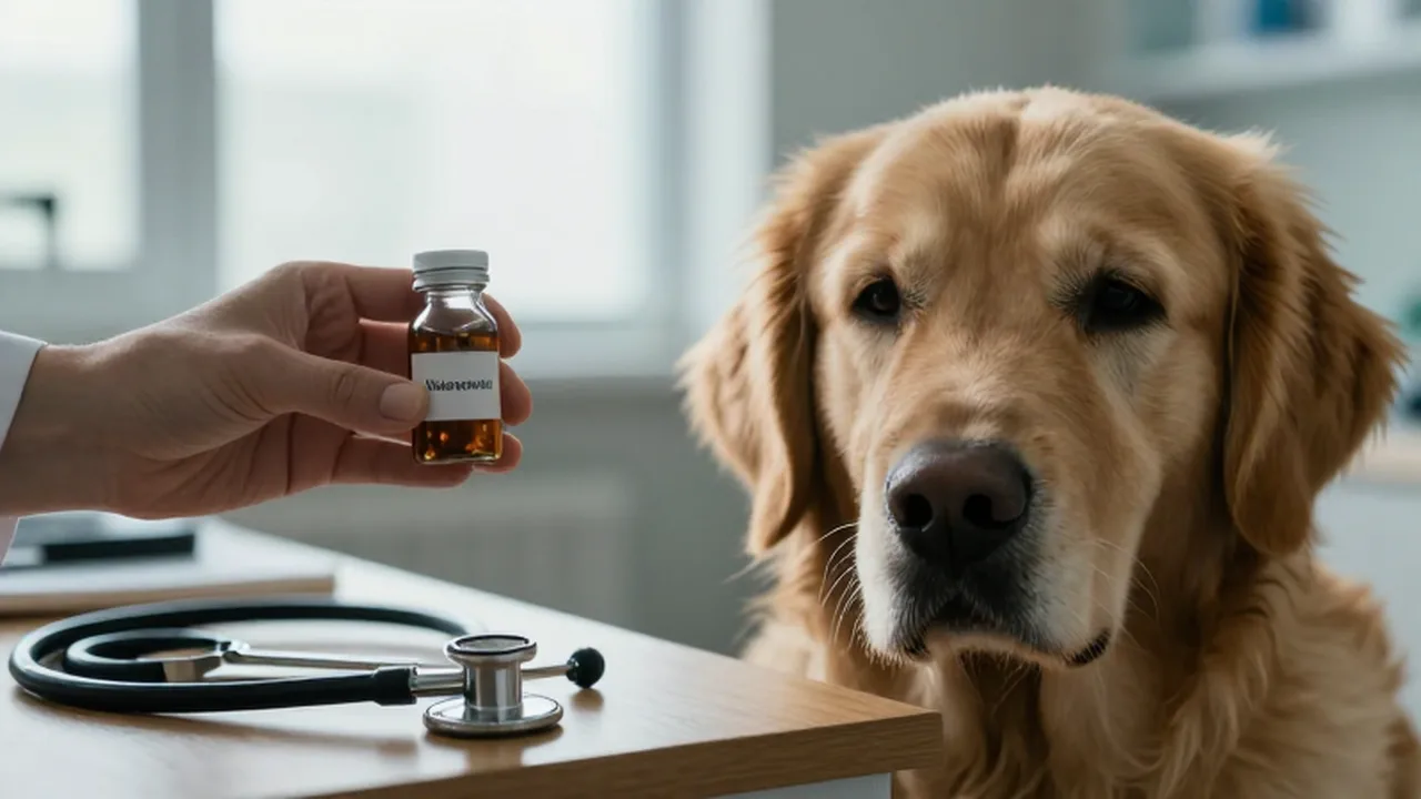Manos de un veterinario sosteniendo un frasco de vitaminas junto a un Golden Retriever.