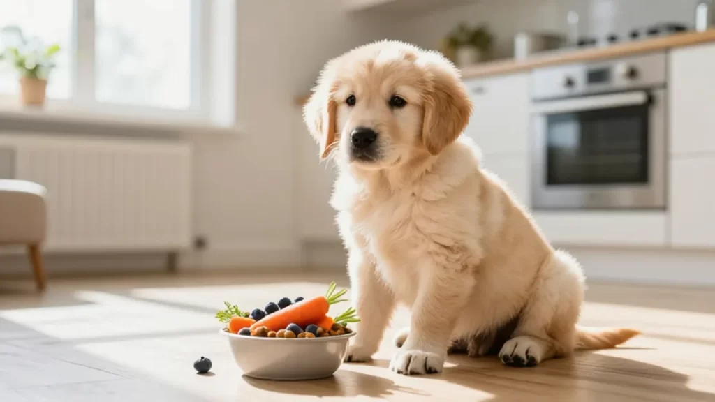 Cachorro de Golden Retriever junto a un cuenco de comida nutritiva en una cocina luminosa.