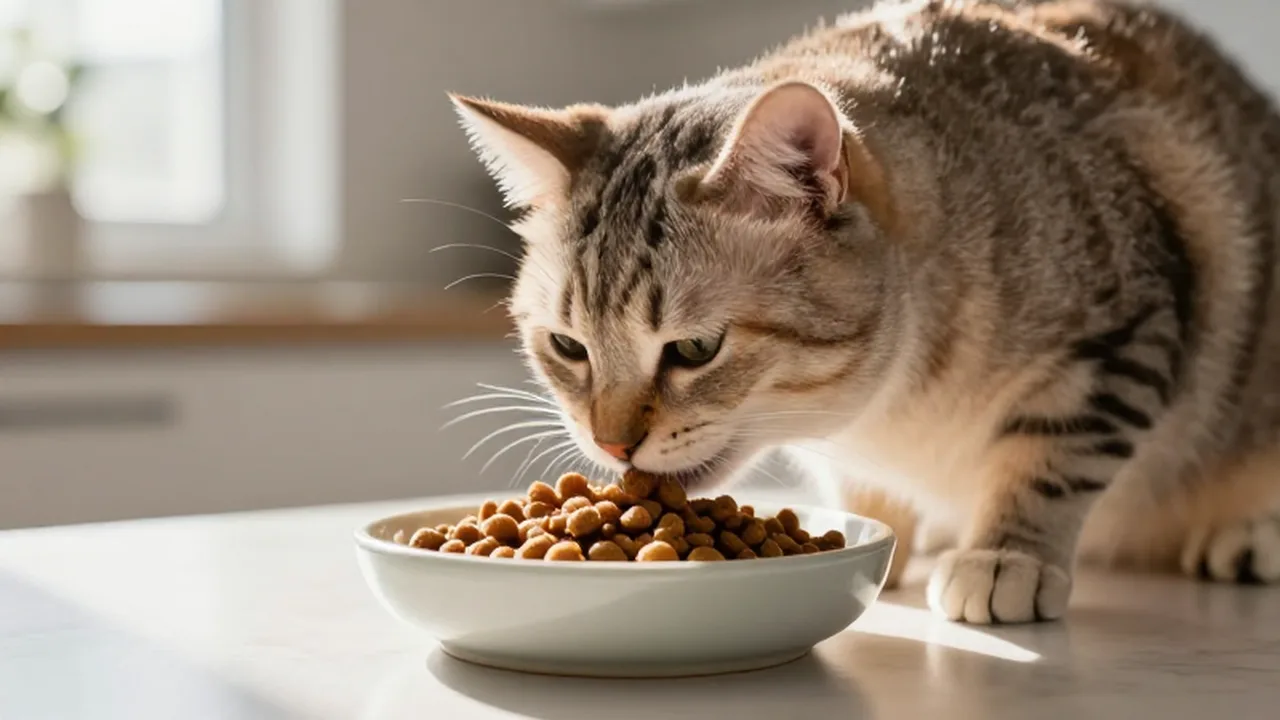 Gato bien cuidado comiendo pienso de alta calidad en un cuenco cerámico en una cocina iluminada.