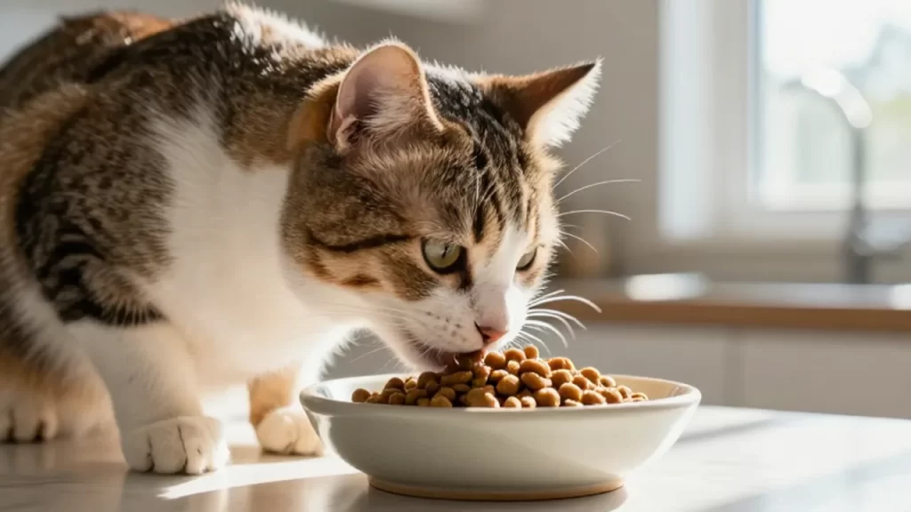 Gato doméstico comiendo croquetas nutritivas de un cuenco de cerámica en una cocina iluminada.