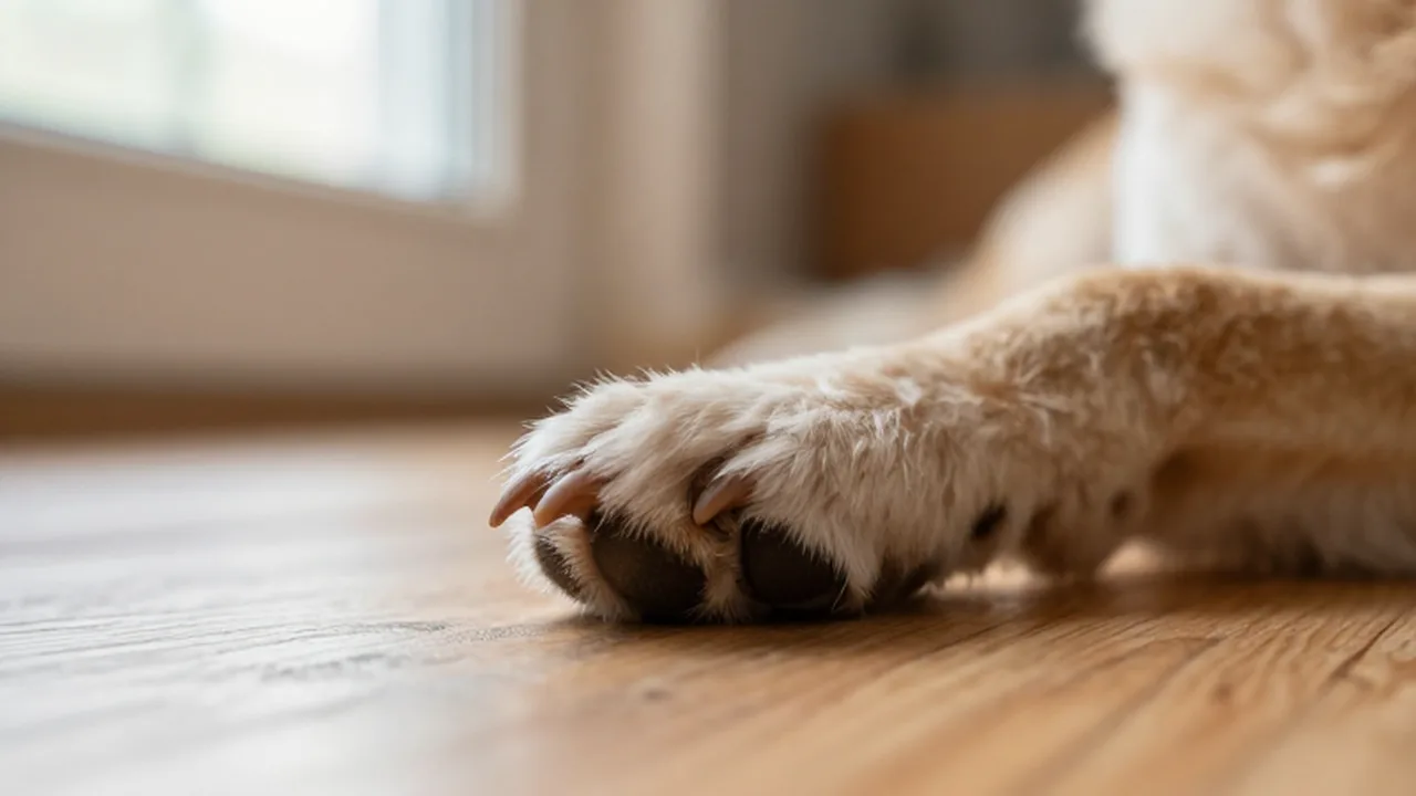 Primer plano de la pata de un perro con las uñas largas apoyada sobre un suelo de madera.