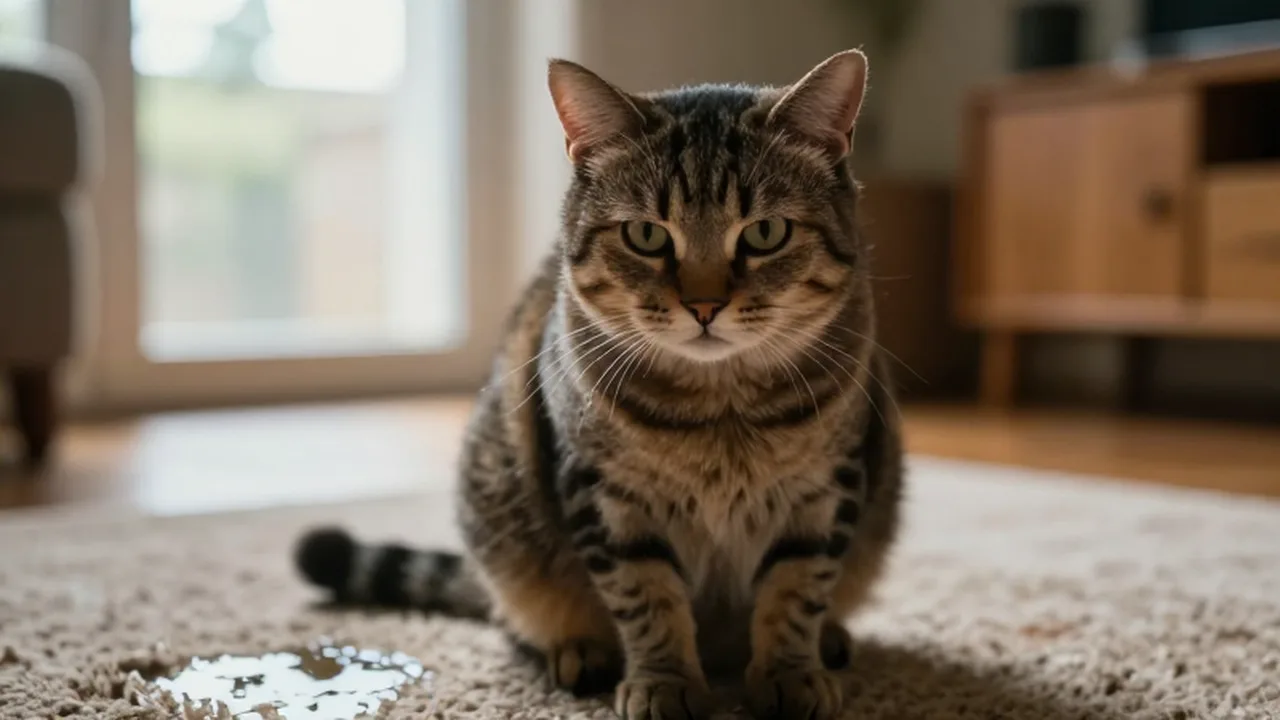 Gato doméstico con expresión de preocupación sentado frente a un charco en una sala.