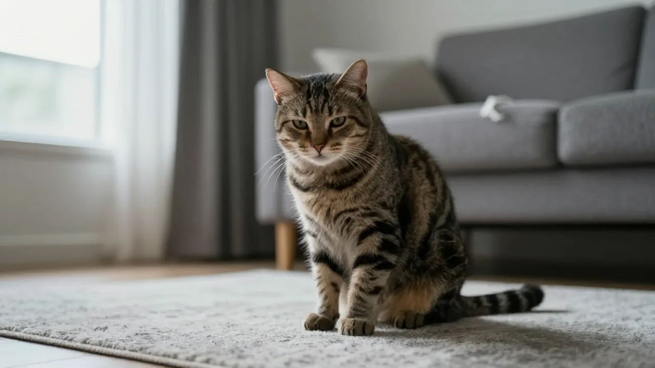 Gato doméstico con expresión de ansiedad sentado solo sobre una alfombra en la sala.