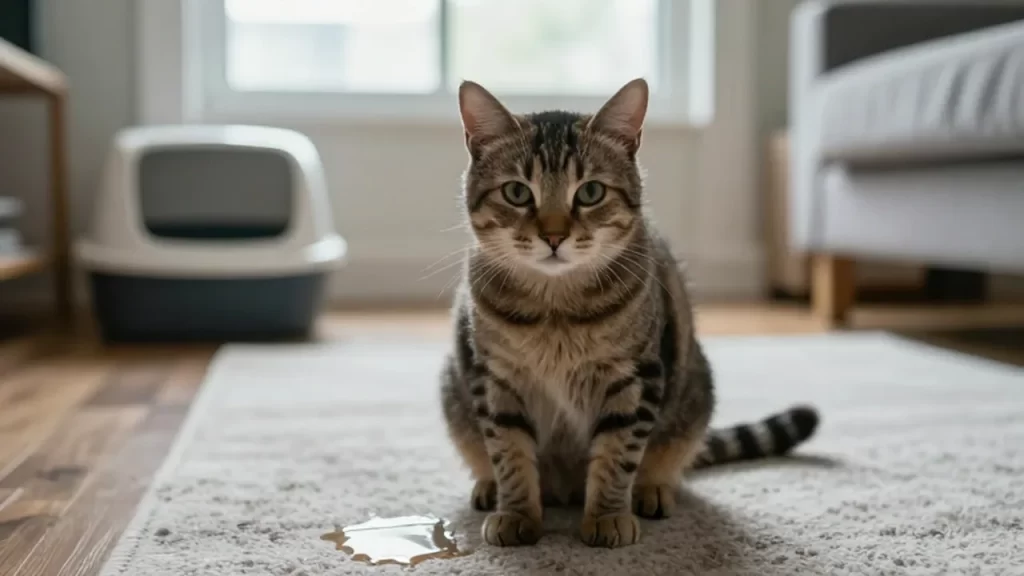 Gato con expresión de culpa sentado junto a un pequeño charco en una sala de estar.