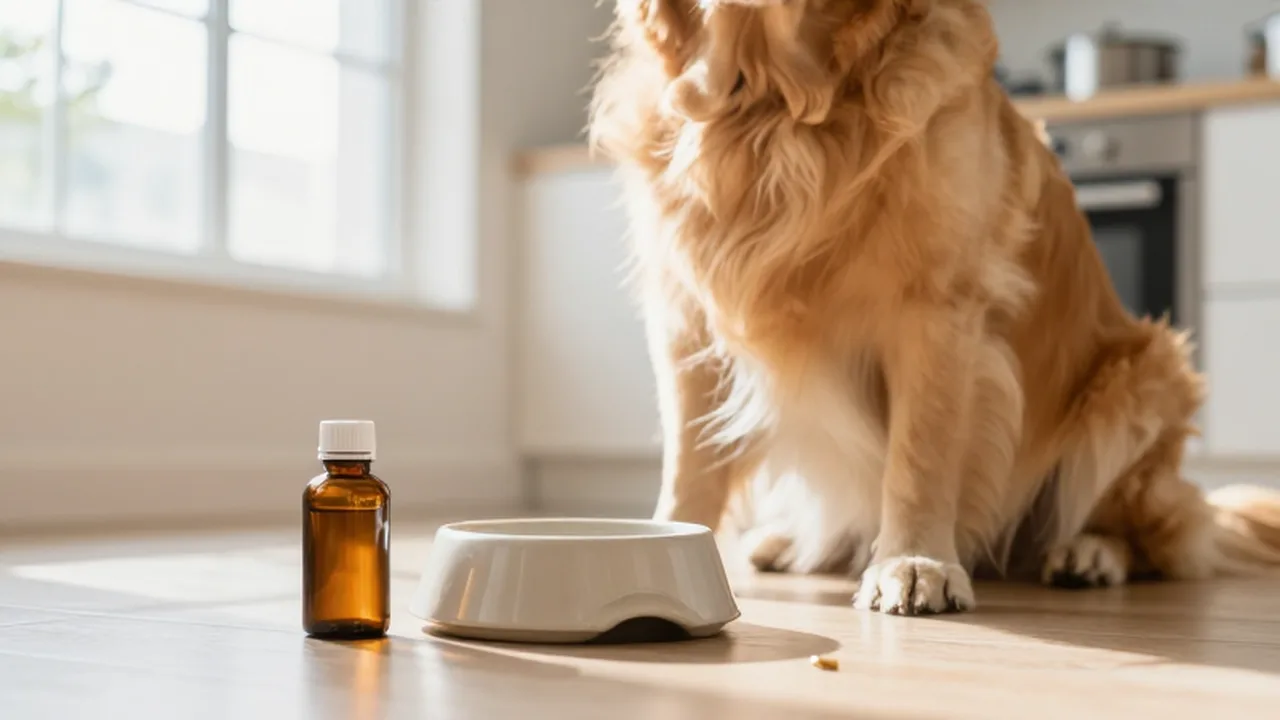 Golden retriever sentado junto a su cuenco de comida y un frasco de suplementos vitamínicos.