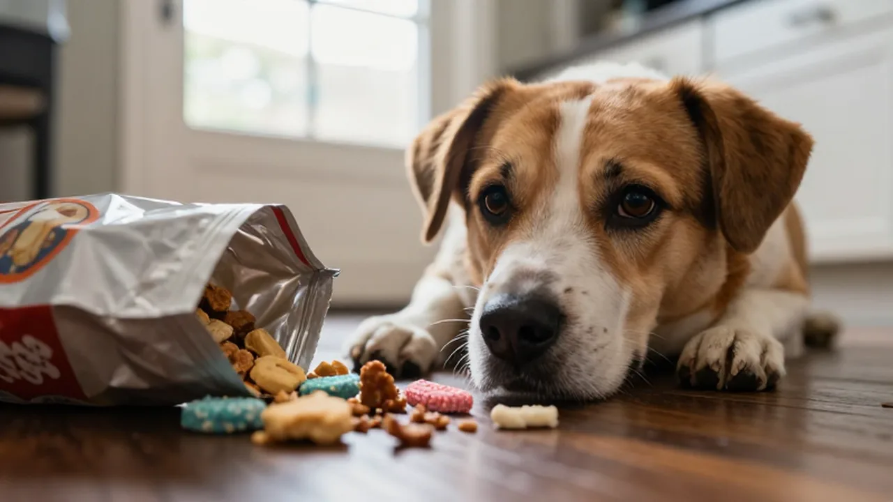 Perro curioso observa una bolsa abierta de golosinas procesadas sobre el suelo de la cocina.