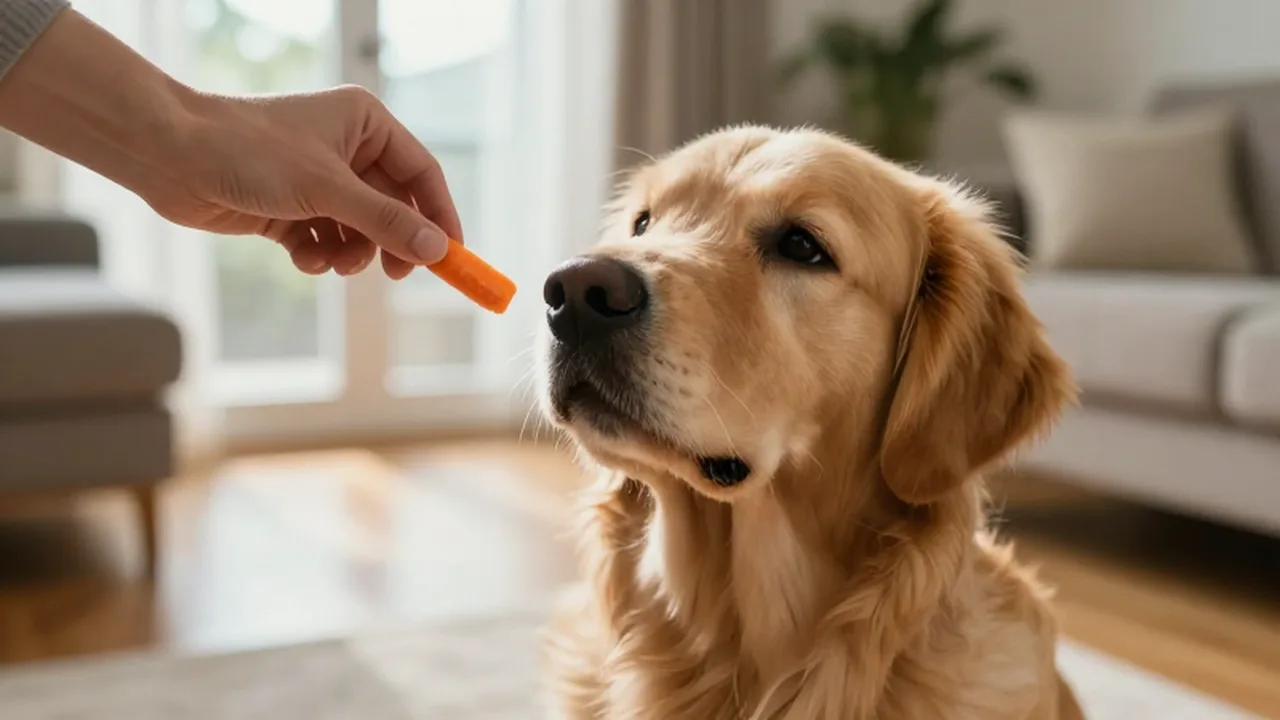 Golden retriever sentado con atención mientras una persona le ofrece un trozo de zanahoria.