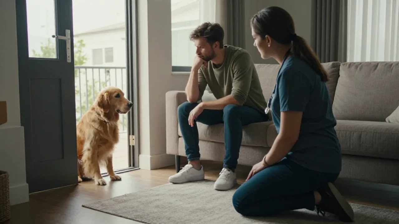 Un especialista interactúa con un golden retriever ansioso en una sala de estar junto a su dueño.