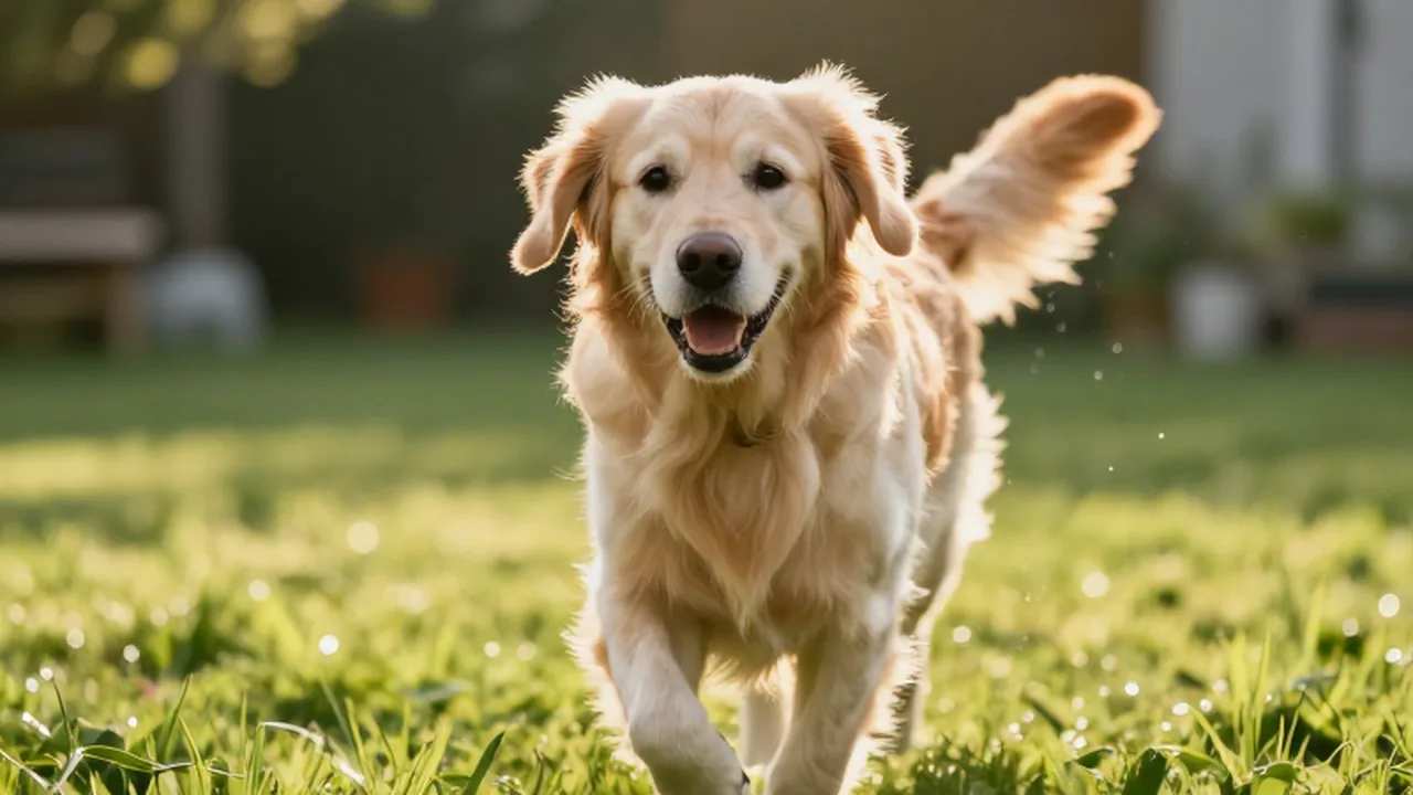 Golden retriever anciano corriendo alegremente por un jardín con césped verde bajo la luz del sol.