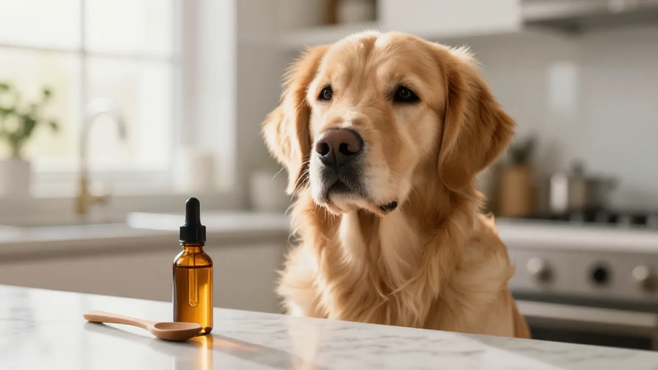 Golden retriever sentado en una cocina luminosa junto a un frasco de aceite de salmón.