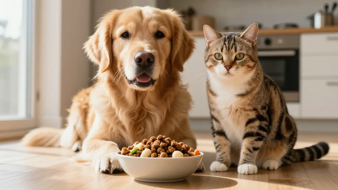 Un golden retriever y un gato tabby sentados junto a un cuenco de comida orgánica.