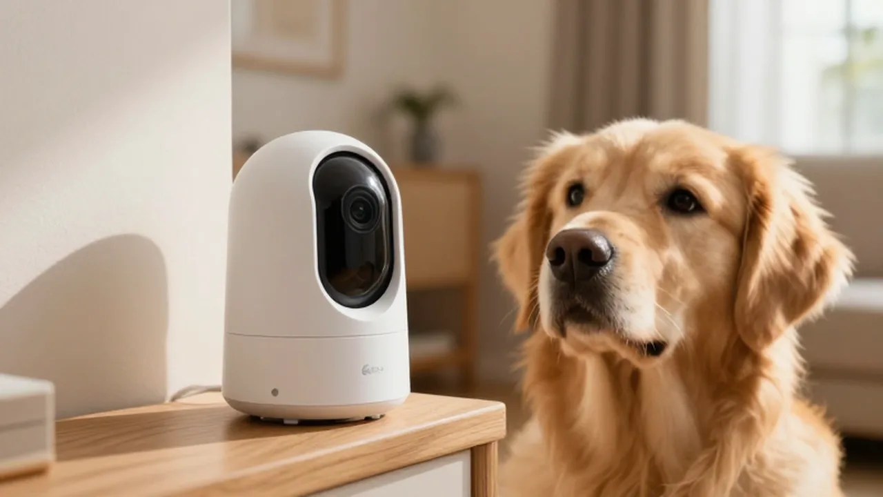 Un Golden Retriever observa con curiosidad una cámara de seguridad para mascotas sobre una repisa de madera.
