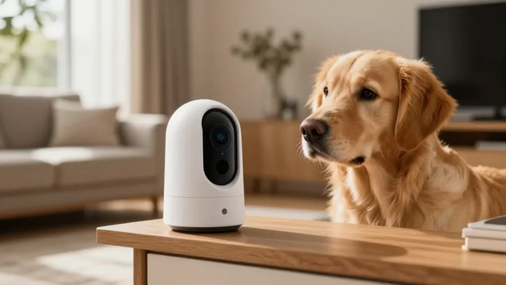 Un golden retriever mira con curiosidad una cámara inteligente montada en una estantería de madera.