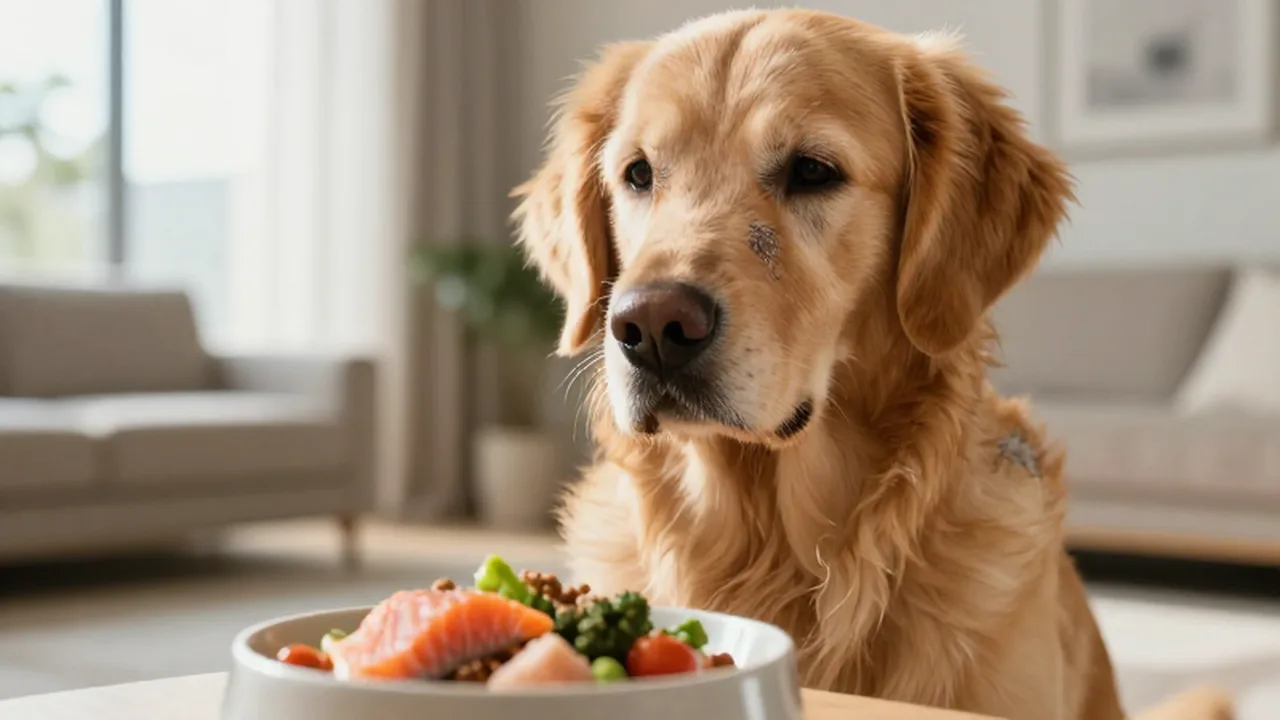 Golden retriever con piel seca sentado frente a un cuenco de comida saludable en un salón luminoso.