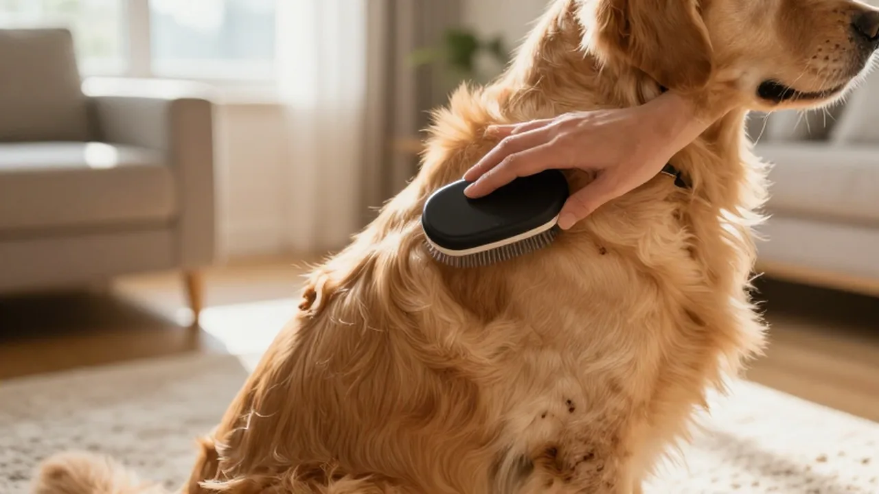 Una mano cepilla suavemente el pelaje de un golden retriever sentado en una alfombra soleada.