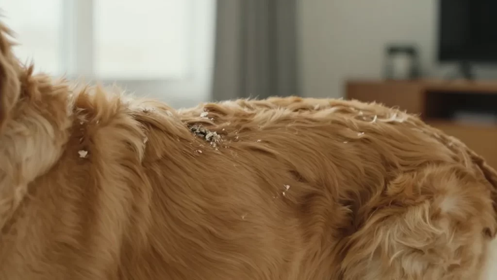 Primer plano del perfil de un golden retriever con piel seca y escamas blancas en el pelaje.
