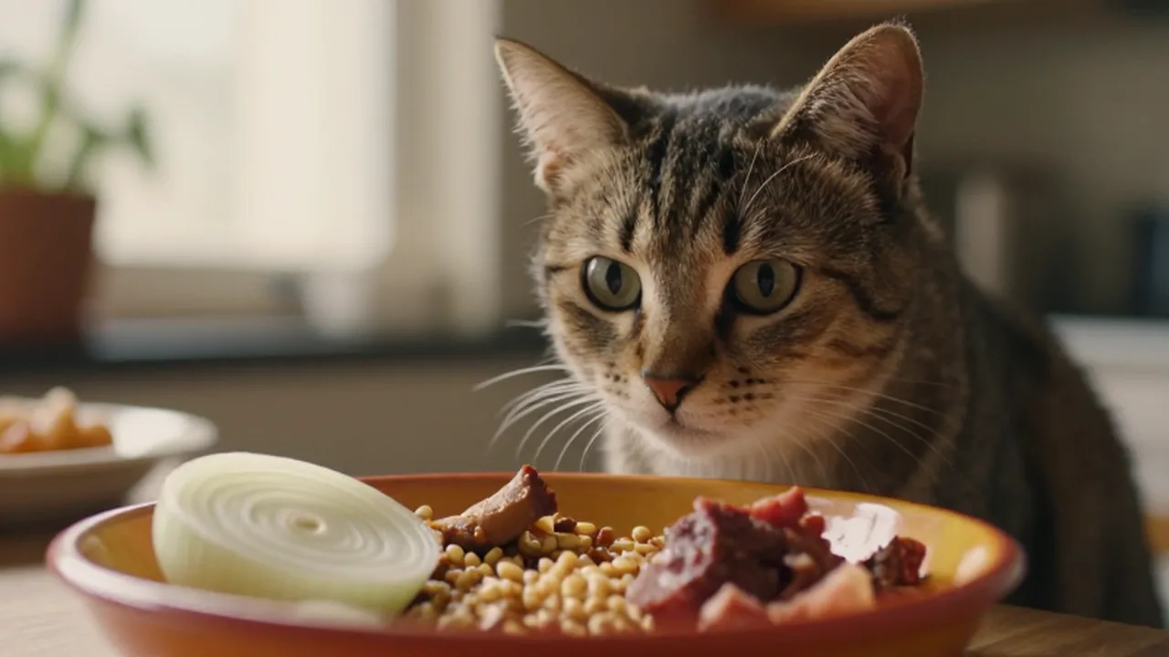 Gato doméstico mirando con curiosidad un cuenco con restos de comida humana en una cocina.