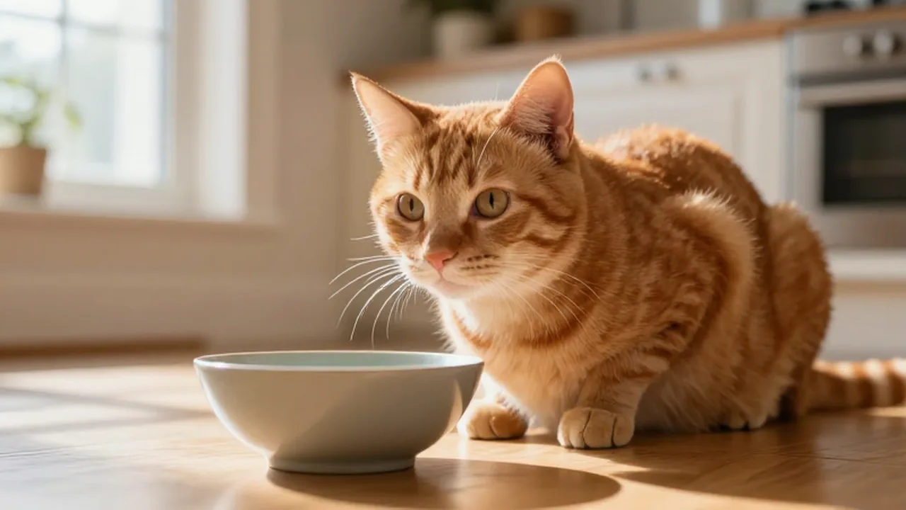 Gato tabby naranja sentado en un suelo de madera mirando con curiosidad un cuenco de cerámica.