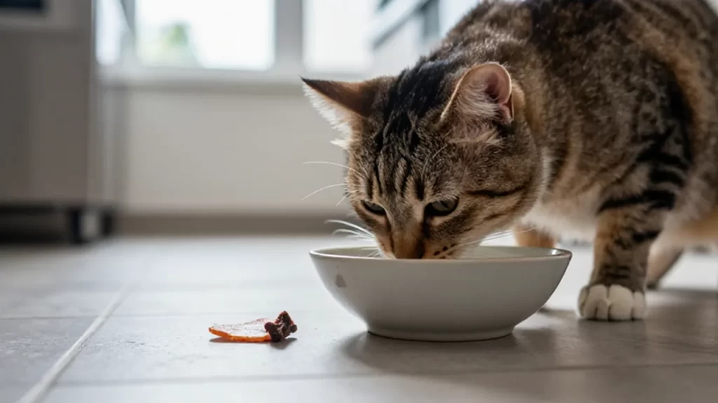 Gato doméstico olisqueando un cuenco junto a un trozo de comida prohibida en la cocina.