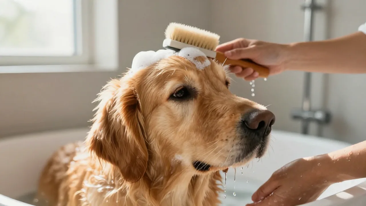 Un golden retriever con espuma blanca mientras una persona lo cepilla durante su baño.